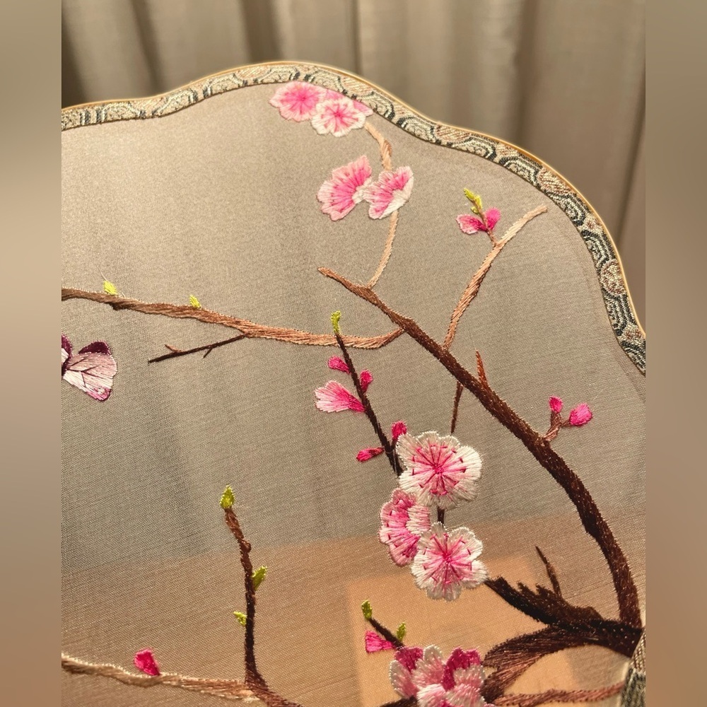 Handsewn Suzhou Embroidery Double Sided Hand Fan Cherry Blossom Butterfly Bamboo - Picture 12 of 16